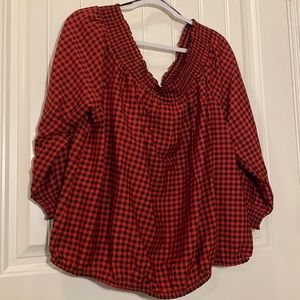 Red and black checked off shoulder peasant style shirt. New with tags. Size 1